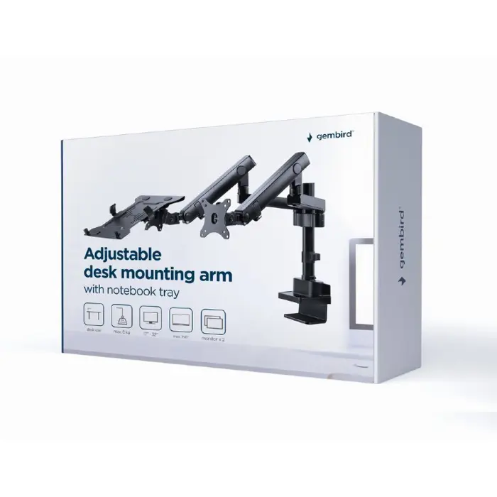 Gembird MA-DA3-02 Desk mounted adjustable monitor arm with notebook tray (full-motion), 17”-32”, up to 8 kg