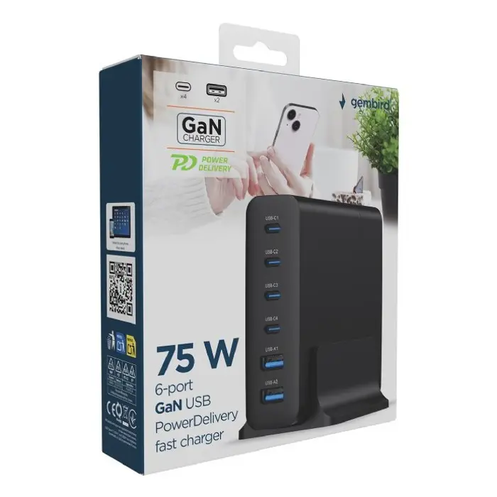 Gembird TA-UC-2A4C-PD75-01-BK mobile device charger Universal Black AC Fast charging Indoor
