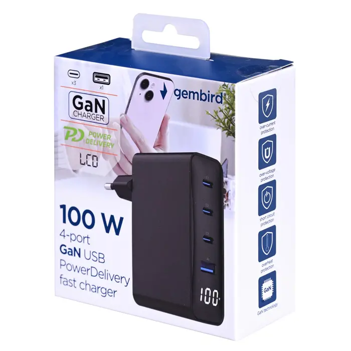 Gembird TA-UC-PDQC100LCD-01-BK mobile device charger Laptop, Smartphone Black AC Fast charging Indoor