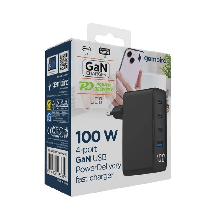 Gembird TA-UC-PDQC100LCD-01-BK mobile device charger Laptop, Smartphone Black AC Fast charging Indoor