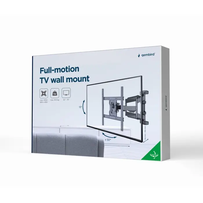 Gembird WM-75ST-01 Full motion TV wall mount, 32”-75” (45 kg)