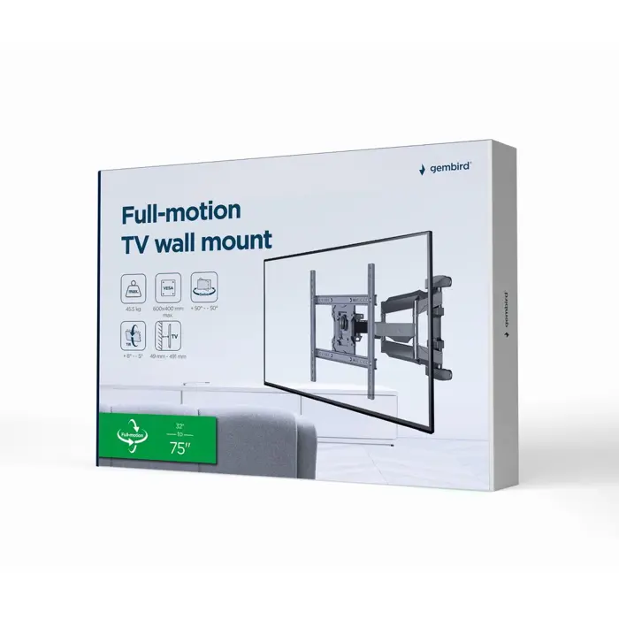 Gembird WM-75ST-01 Full motion TV wall mount, 32”-75” (45 kg)