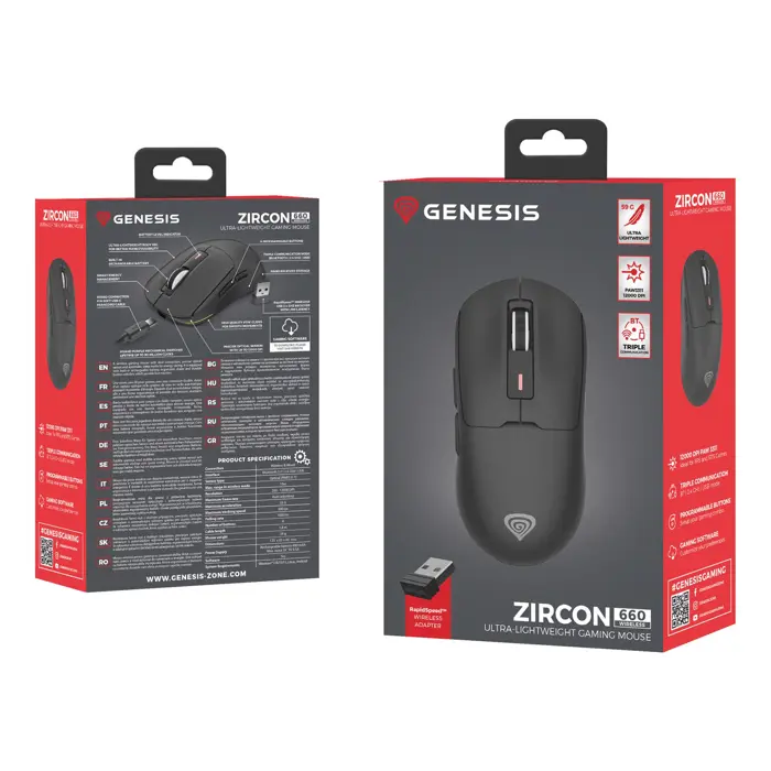 Genesis Gaming Mouse | Zircon 660 | Wired/Wireless | 2.4 GHz, Bluetooth, USB | Black