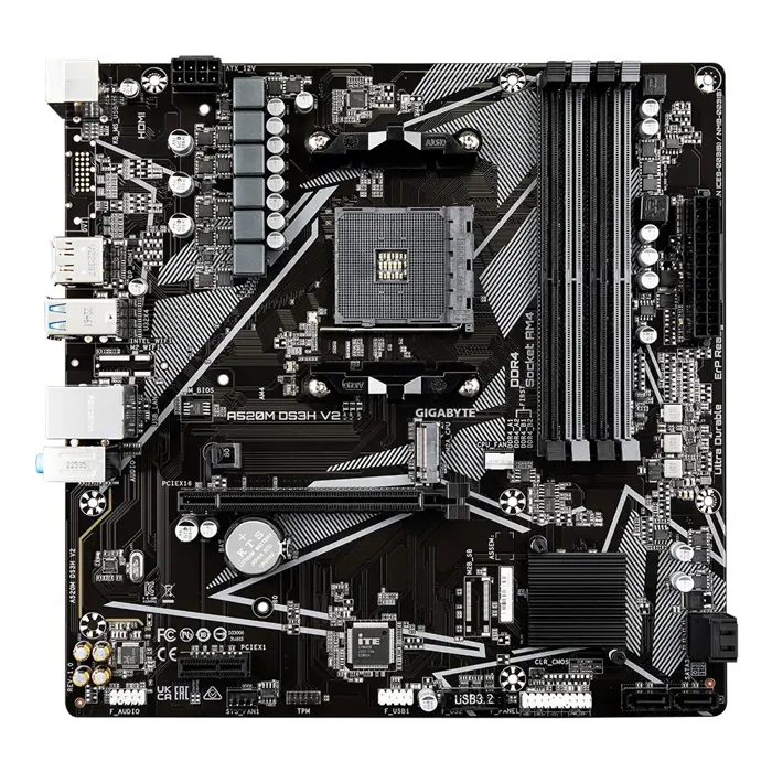 Gigabyte A520M DS3H V2 Motherboard - Supports AMD Ryzen 5000 Series AM4 CPUs, up to 4733MHz DDR4 (OC), PCIe 3.0 x16, GbE LAN, USB 3.2 Gen 1