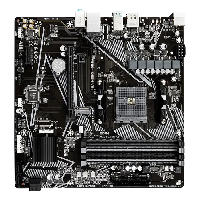 Gigabyte A520M DS3H V2 Motherboard - Supports AMD Ryzen 5000 Series AM4 CPUs, up to 4733MHz DDR4 (OC), PCIe 3.0 x16, GbE LAN, USB 3.2 Gen 1