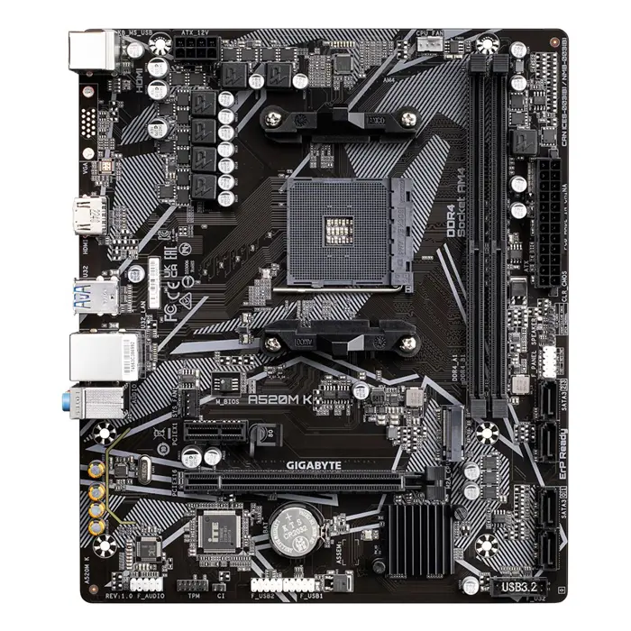 Gigabyte A520M K motherboard, AMD A520 chipset, AM4 socket, 2xDDR4, mATX form factor