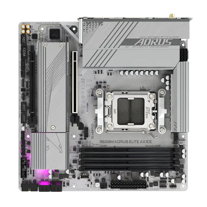 Gigabyte B650M AORUS ELITE AX ICE Motherboard - Supports AMD Ryzen 8000 CPUs, 12+2+2 Phases Digital VRM, up to 8000MHz DDR5 (OC), 1xPCIe 5.0 + 1xPCIe 4.0 M.2, Wi-Fi 6E, 2.5GbE LAN, USB 3.2 Gen 2