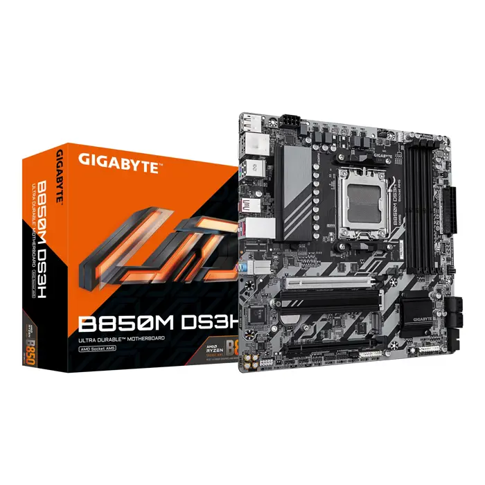 GIGABYTE B850M DS3H Motherboard - AMD Ryzen 9000 Series CPUs, 16+2+2 Phases Digital VRM, up to 8200MHz DDR5 (OC), 1xPCIe 5.0 + 1xPCIe 4.0 M.2, 2.5 LAN, USB 3.2 Gen 2