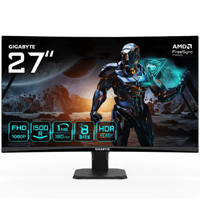 GIGABYTE GS27FC 27" FHD Curved Gaming Monitor - 1920 x 1080(FHD), 180Hz, 1, 250 cd/m2, FreeSync Premium, HDR Ready, HDMI 2.0, Displayport 1.4