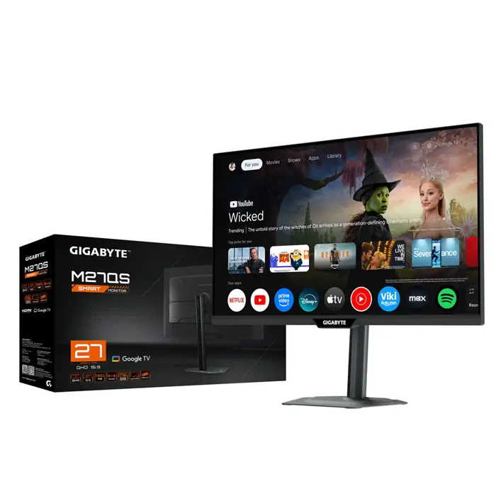 GIGABYTE M27QS 27” 2K QHD Smart Monitor- Google TV, Wireless Display, 2560 x 1440, 180Hz, 1ms, 350 cd/m², FreeSync, Display HDR400, HDMI 2.0, Displayport 1.4