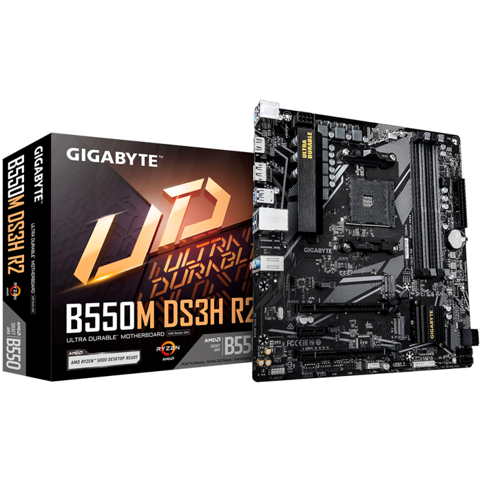 GIGABYTE Mainboard Desktop B550M DS3H R2 (AM4, 4xDDR4, 1xDP, 1xHDMI, GLAN, 1xPCI-E x16 slot, 1xPCI-E x1 slot, 2xM.2, 4xSATA 6G) mATX