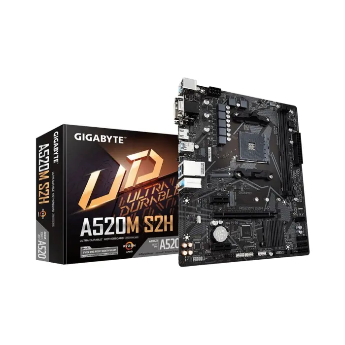 GigaByte MB A520M S2H, S.AM4, DDR4/5100(OC), PCIe, SATA3, M.2, RAID, G-LAN, VGA/DVI-D/HDMI, USB3.2, 7.1ch., mATX
