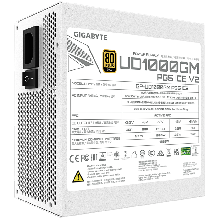 GIGABYTE UD1000GM PG5 V2 ICE, 1000W, White, 80 PLUS Gold, ATX 3.1, Fully Modular