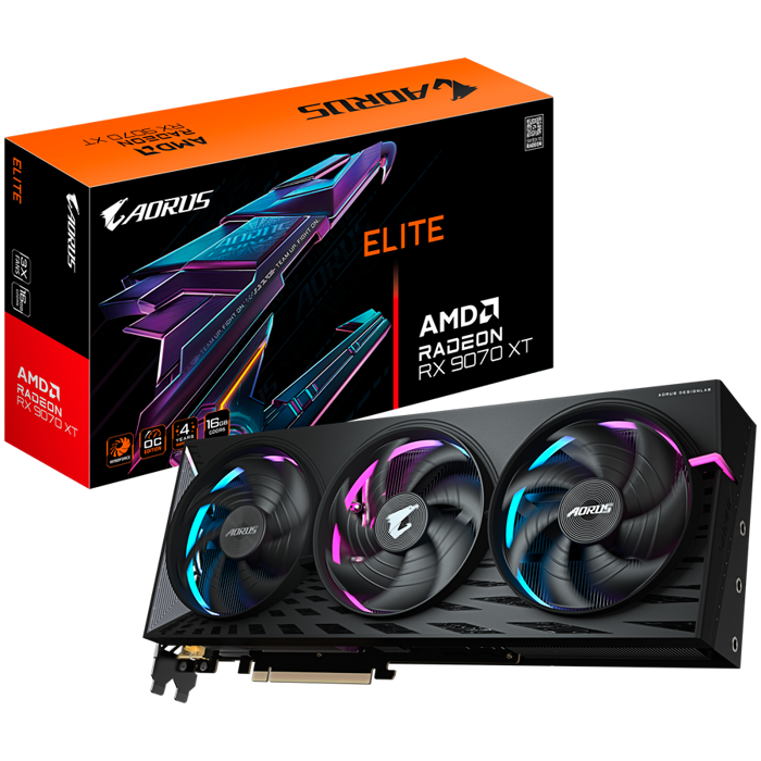GIGABYTE Video Card AMD Radeon AORUS RX 9070 XT ELITE 16G (16GB GDDR6/256bit, PCI-E 5.0, Recommended PSU 850W, 3x 8pin Power connector, 2x DP, 2x HDMI)