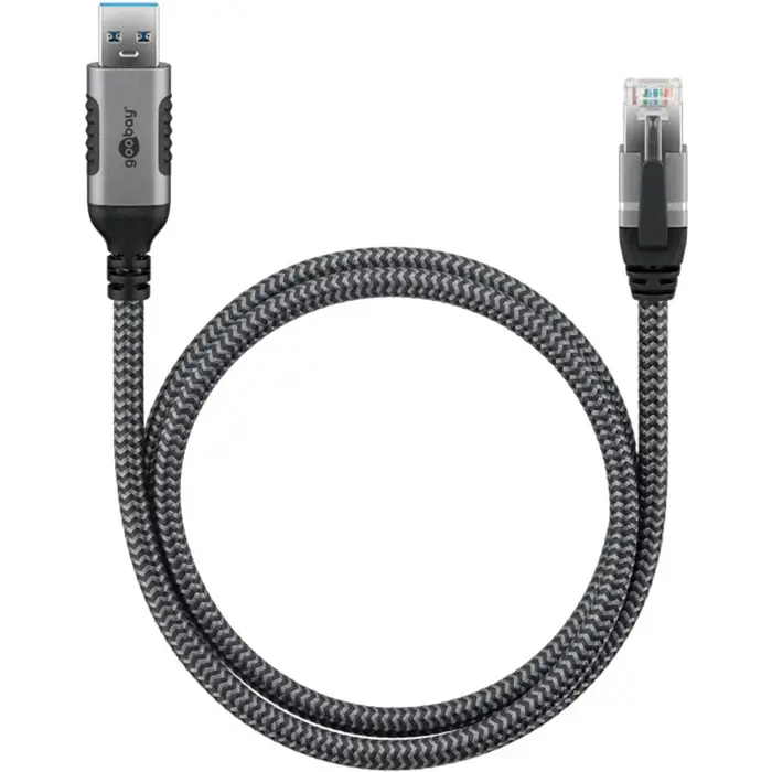 goobay Ethernet cable USB-A 3.2 Gen1 male > RJ-45 male, LAN adapter (black/silver, 1 meter)