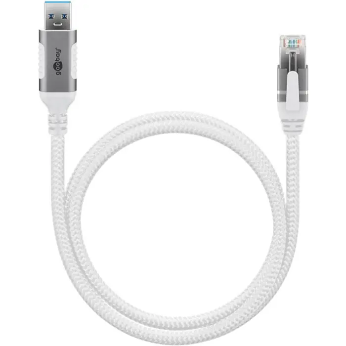 goobay Ethernet cable USB-A 3.2 Gen1 plug > RJ-45 plug, LAN adapter (white, 10 meters, braided textile sheath)