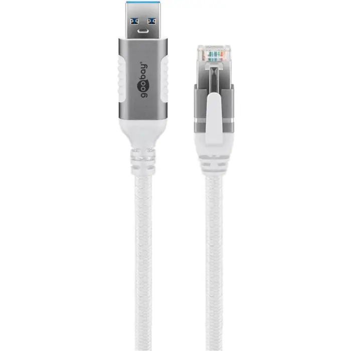 goobay Ethernet cable USB-A 3.2 Gen1 plug > RJ-45 plug, LAN adapter (white, 10 meters, braided textile sheath)