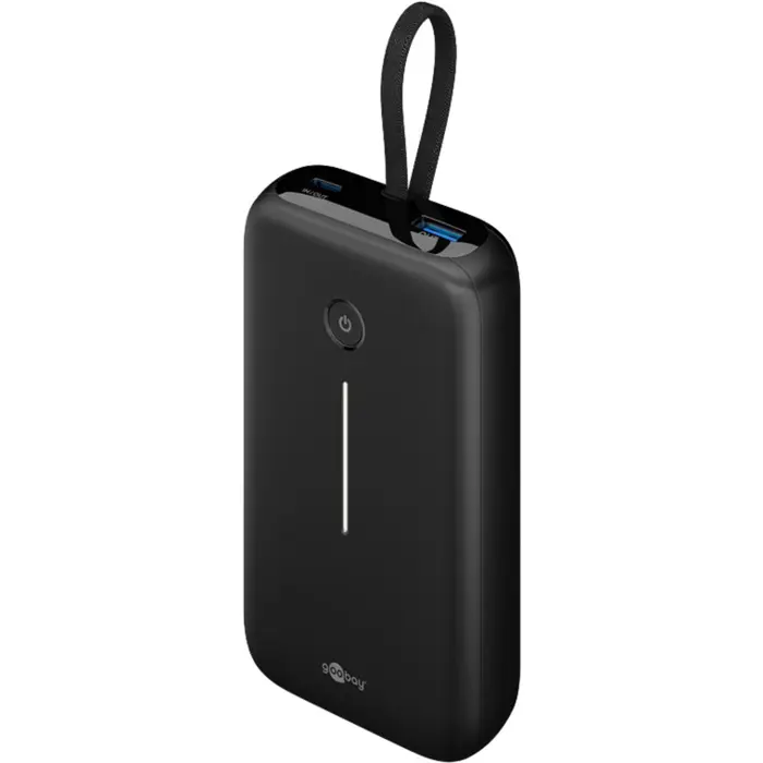 goobay power bank 20,000 mAh, integrated USB-C cable 13cm, 30 watts black, 20 Ah, 1x USB-A, 2x USB-C, PD, QC