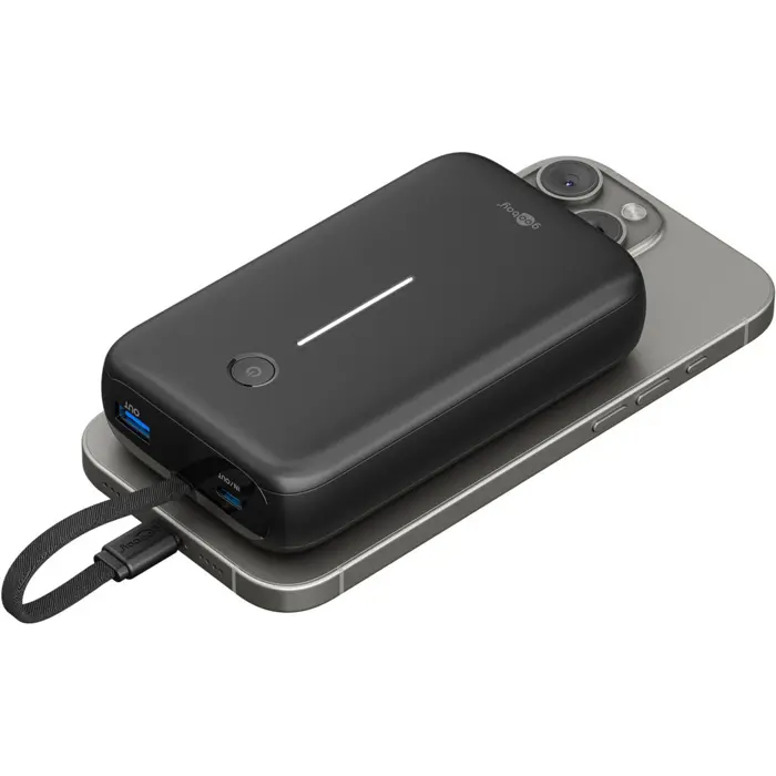 goobay power bank 20,000 mAh, integrated USB-C cable 13cm, 30 watts black, 20 Ah, 1x USB-A, 2x USB-C, PD, QC