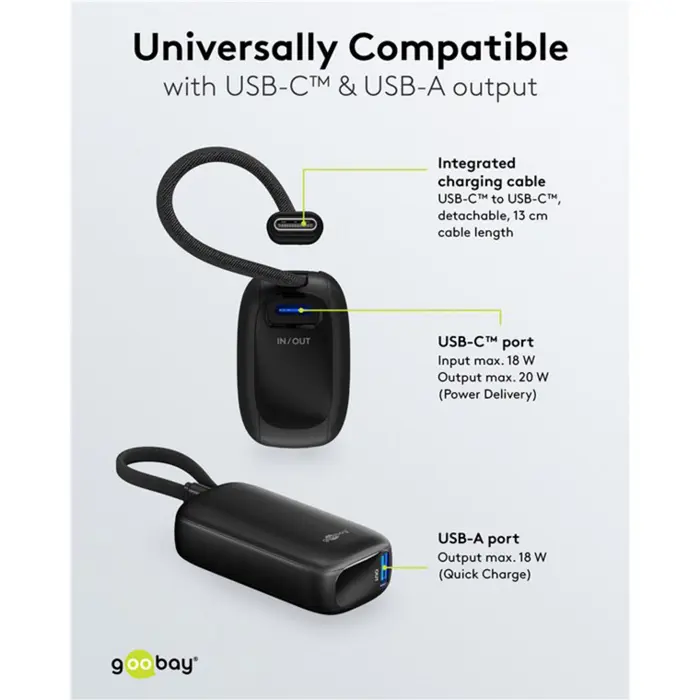 goobay power bank 5,000 mAh, integrated USB-C cable 13cm, 20 watt black, 5 Ah, 1x USB-A, 1x USB-C, PD, QC