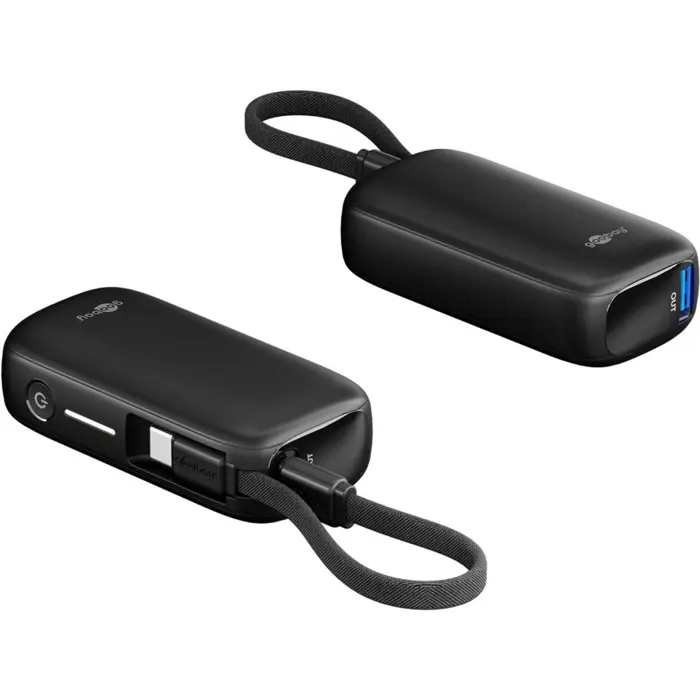 goobay power bank 5,000 mAh, integrated USB-C cable 13cm, 20 watt black, 5 Ah, 1x USB-A, 1x USB-C, PD, QC