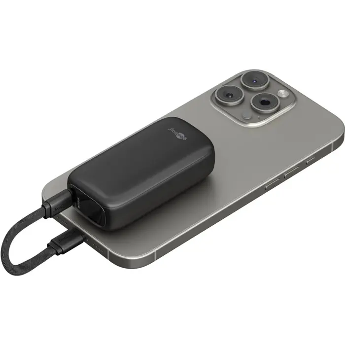 goobay power bank 5,000 mAh, integrated USB-C cable 13cm, 20 watt black, 5 Ah, 1x USB-A, 1x USB-C, PD, QC
