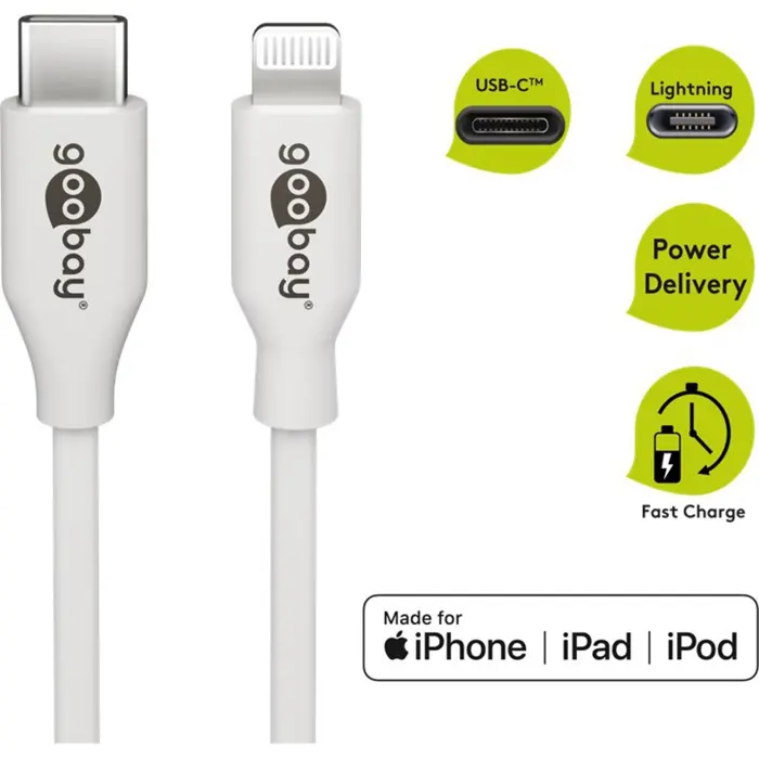 Goobay USB 2.0 adapter cable, USB-C plug > Lightning plug (white, 1 meter, PD, charging with up to 87 watts)