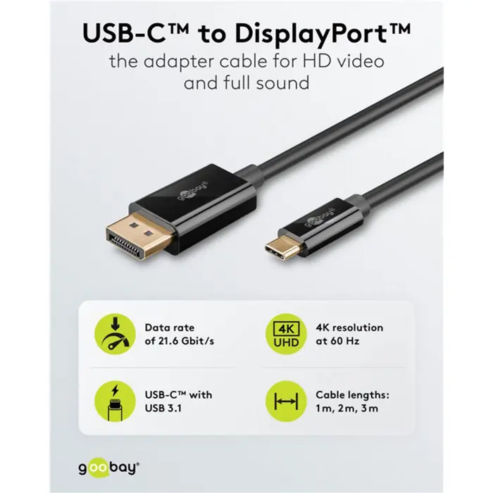 Goobay USB adapter cable, USB-C male > DisplayPort male, 4K 60Hz (black, 1 meter, 21.6 Gbit/s)