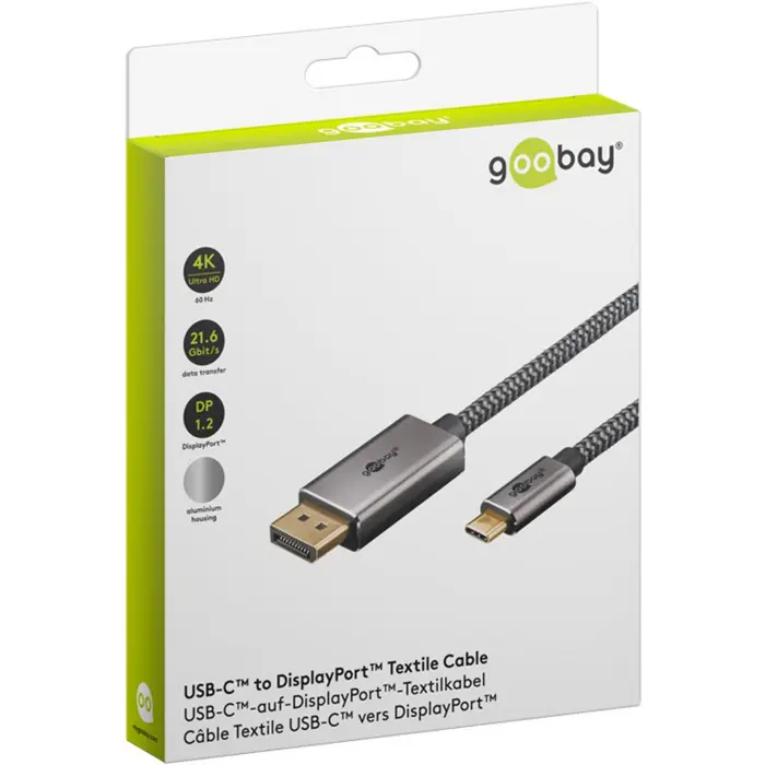 goobay USB adapter cable, USB-C plug > DisplayPort plug, 4K 60Hz black/silver, 2 meters, textile cable