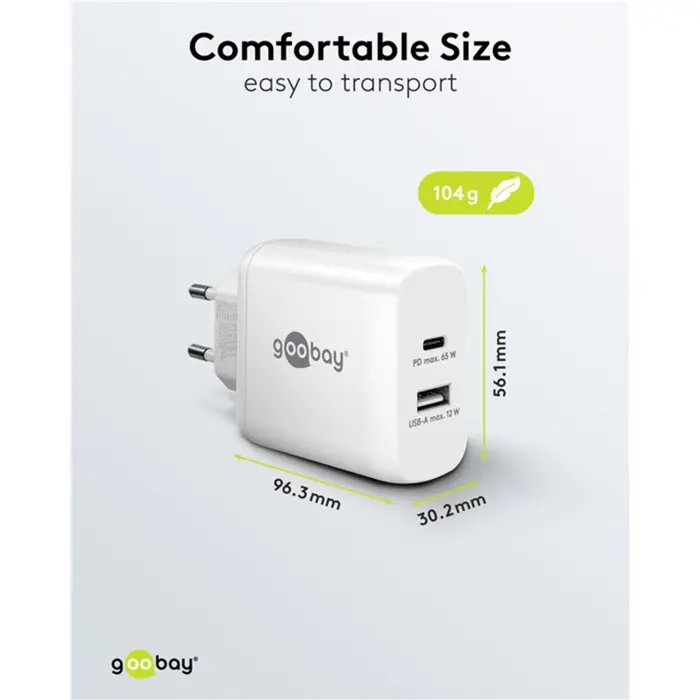 goobay USB-C dual fast charger, PD, GaN, 65 watts (white, 1x USB-C, 1x USB-A, Power Delivery)