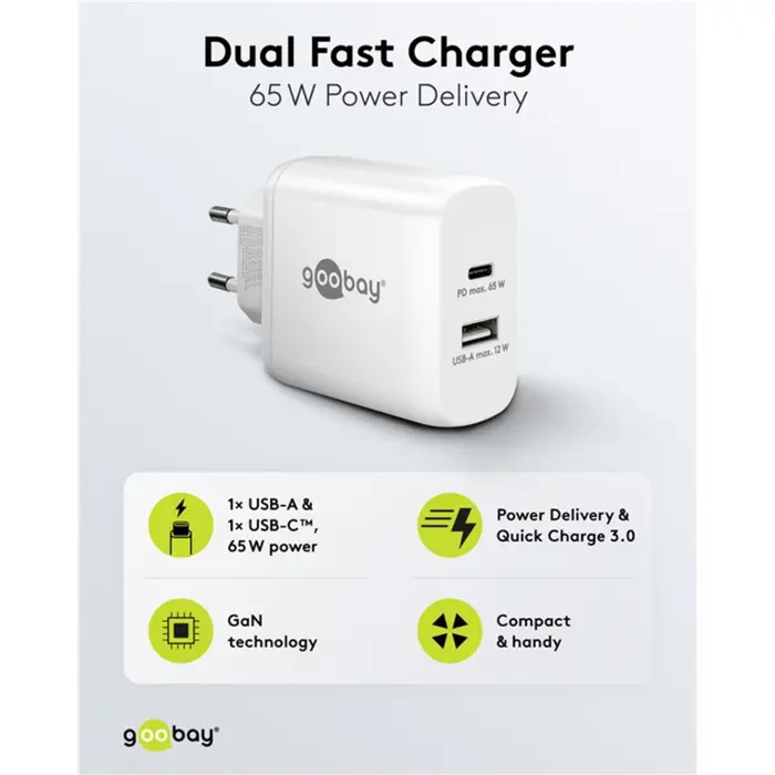 goobay USB-C dual fast charger, PD, GaN, 65 watts (white, 1x USB-C, 1x USB-A, Power Delivery)