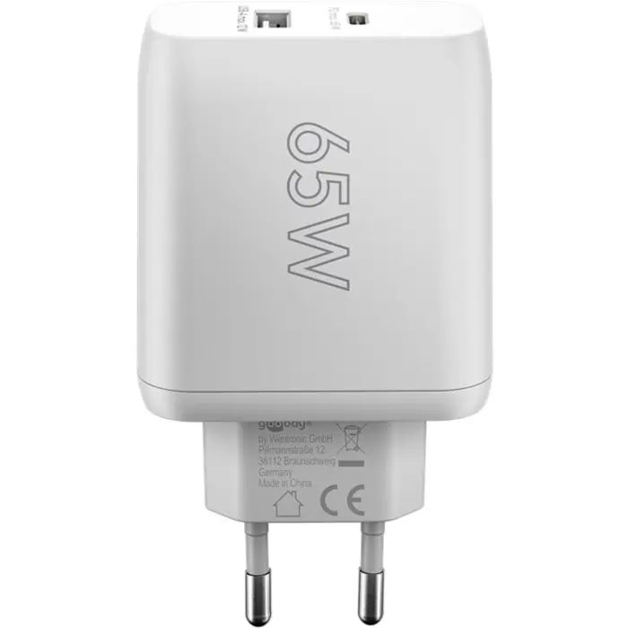 goobay USB-C dual fast charger, PD, GaN, 65 watts (white, 1x USB-C, 1x USB-A, Power Delivery)
