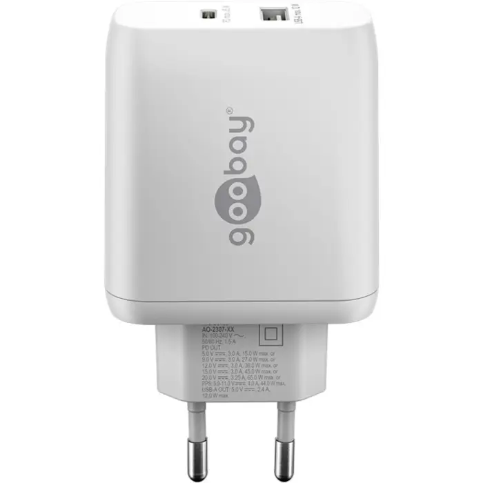 goobay USB-C dual fast charger, PD, GaN, 65 watts (white, 1x USB-C, 1x USB-A, Power Delivery)