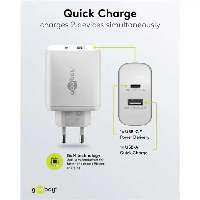 goobay USB-C dual fast charger, PD, GaN, 65 watts (white, 1x USB-C, 1x USB-A, Power Delivery)
