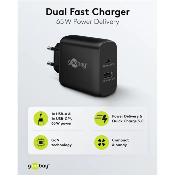 goobay USB-C dual quick charger, PD, GaN, 65 watts (black, 1x USB-C, 1x USB-A, Power Delivery)