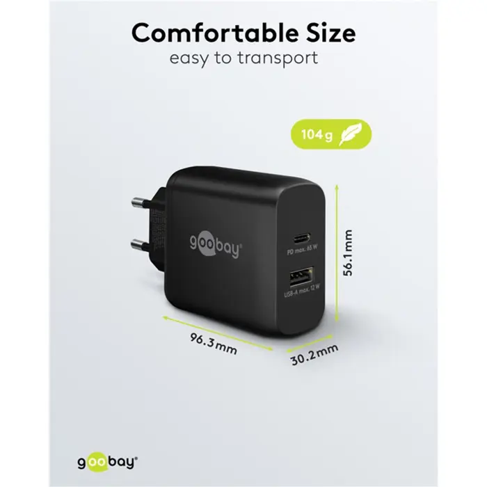 goobay USB-C dual quick charger, PD, GaN, 65 watts (black, 1x USB-C, 1x USB-A, Power Delivery)