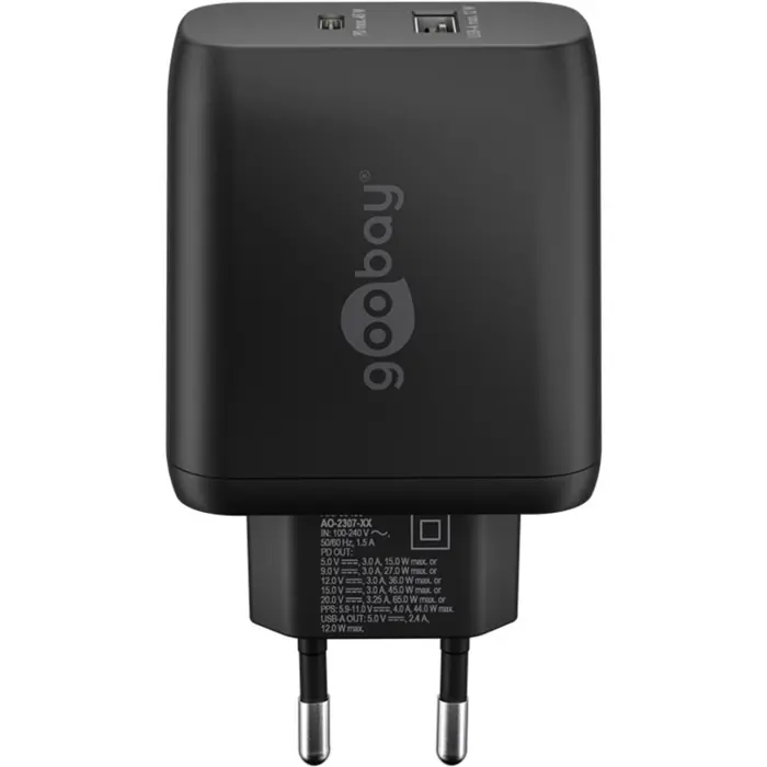 goobay USB-C dual quick charger, PD, GaN, 65 watts (black, 1x USB-C, 1x USB-A, Power Delivery)