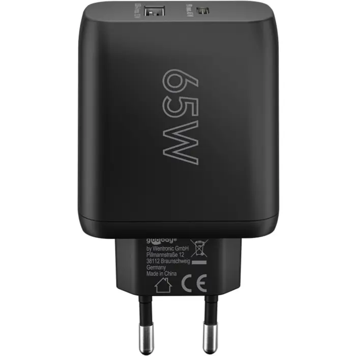 goobay USB-C dual quick charger, PD, GaN, 65 watts (black, 1x USB-C, 1x USB-A, Power Delivery)