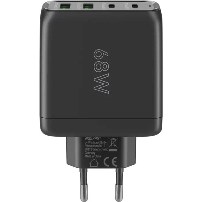 goobay USB-C multiport quick charger, PD, GaN, 68 watts (black, 2x USB-C, 2x USB-A, Power Delivery, QuickCharge)