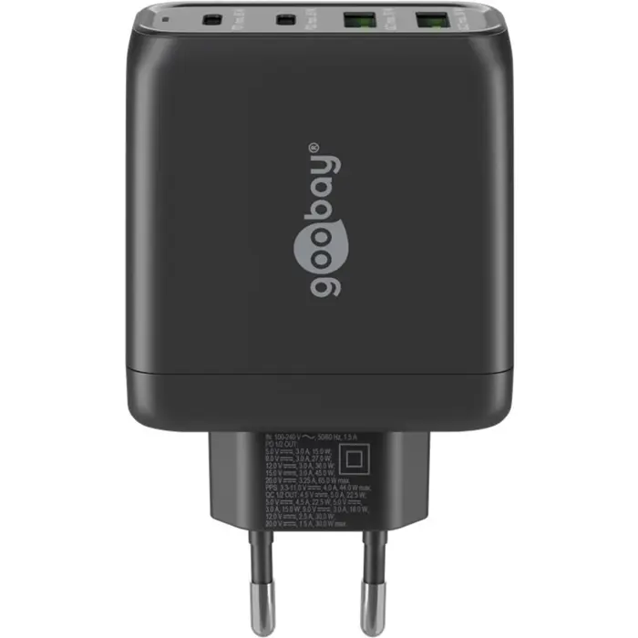 goobay USB-C multiport quick charger, PD, GaN, 68 watts (black, 2x USB-C, 2x USB-A, Power Delivery, QuickCharge)