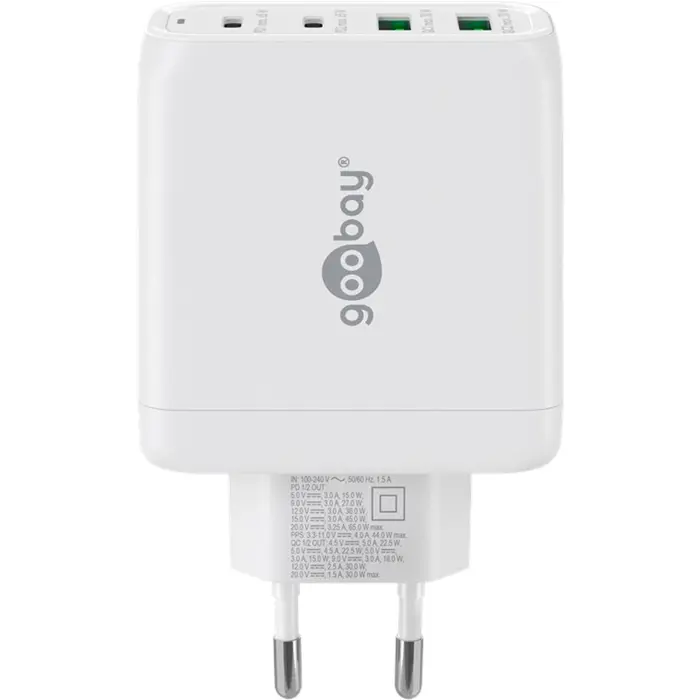 goobay USB-C multiport quick charger, PD, GaN, 68 watts (white, 2x USB-C, 2x USB-A, Power Delivery, QuickCharge)