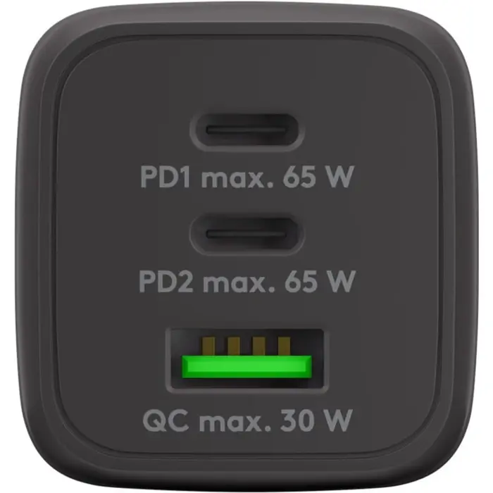 goobay USB-C quick charger Nano, PD, GaN, 65 watts, USB-C textile cable (black, 1x USB-A, 2x USB-C PD, Quick Charge 3.0, 1 meter cable)