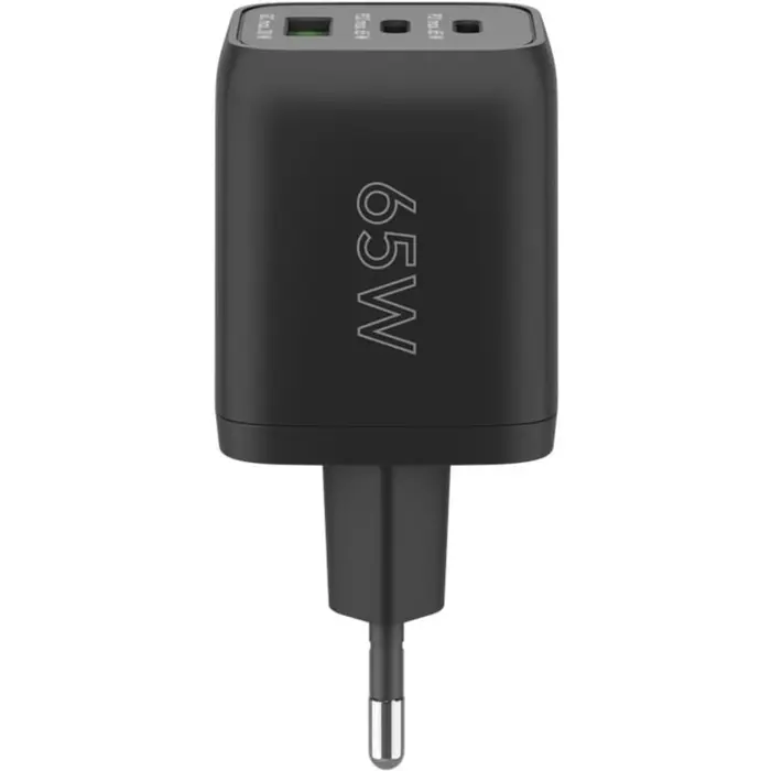 goobay USB-C quick charger Nano, PD, GaN, 65 watts, USB-C textile cable (black, 1x USB-A, 2x USB-C PD, Quick Charge 3.0, 1 meter cable)