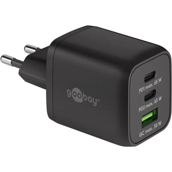 goobay USB-C quick charger Nano, PD, GaN, 65 watts, USB-C textile cable (black, 1x USB-A, 2x USB-C PD, Quick Charge 3.0, 1 meter cable)