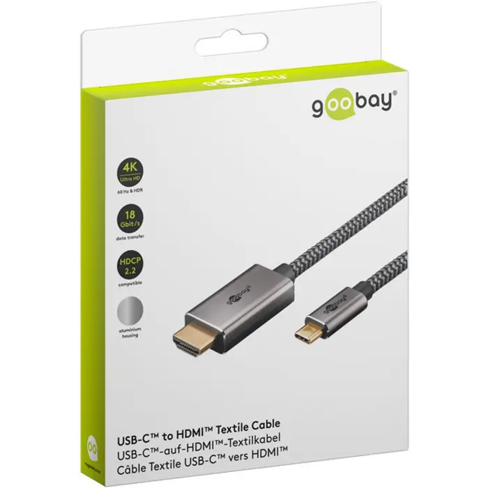 goobay USB textile adapter cable, USB-C plug > HDMI plug, 4K / 60Hz black/silver, 2 meters