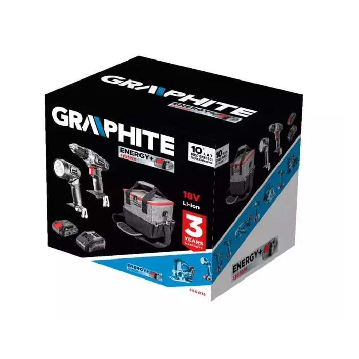 Graphite cordless tool set drill/driver, flashlight, bag, Energy+ 18V battery and charger