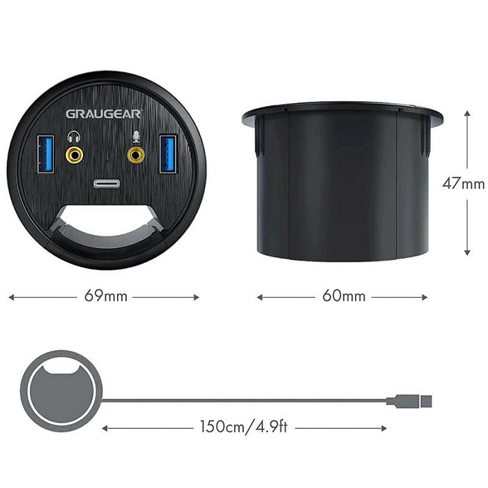 Graugear table HUB, USB 3.0 2x Type-A / 1x Type-C, audio connection, 60 mm-G-THUB-AU-60