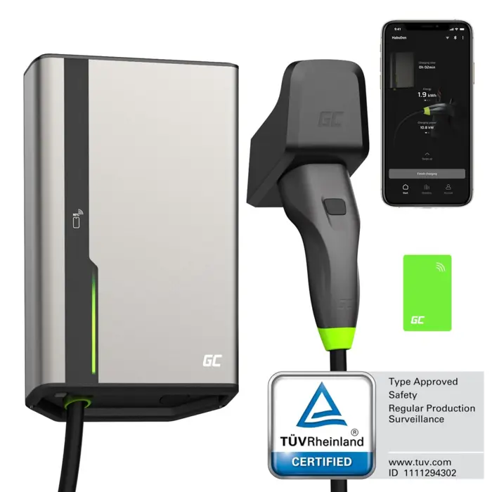 Green Cell GC EVGC021B2275 - Wallbox, 3,6 - 22 KW, 7,5 m, NFC Grey Aluminium Wall Built-in display LED