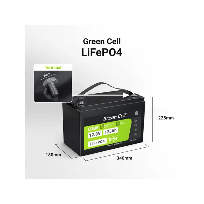 Green Cell Žalias Cell CUBE LiFePO4 125Ah 12,8V 1600Wh liio geležies fosfato baterija kemperiui, sauls energijai, neprijungtai prie tinklo, laivui Lithium Iron Phosphate (LiFePO4) 12.8 V