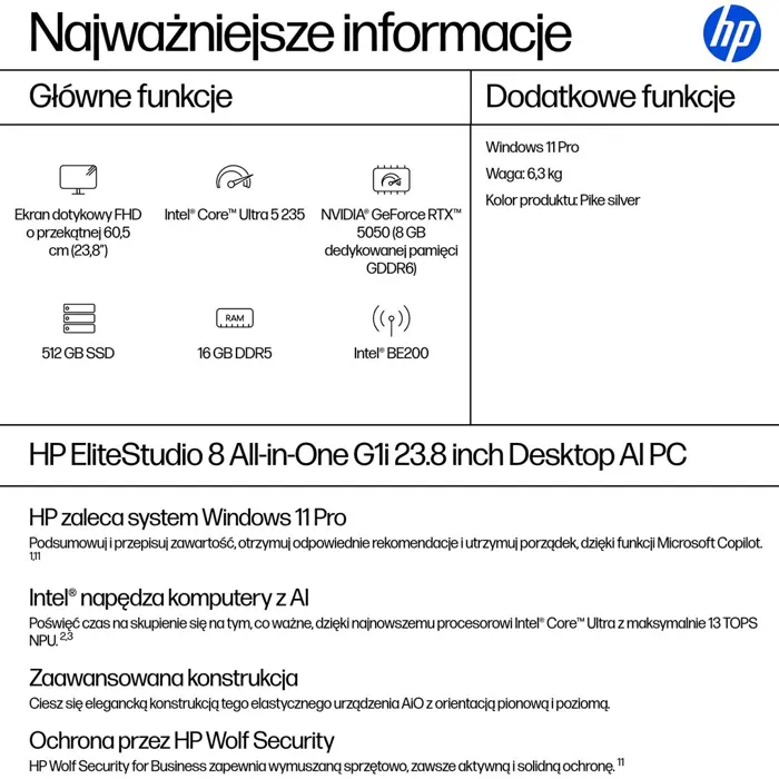 HP EliteStudio 8 AiO G1i Ultra 5 235 23.8"FHD Touch IPS 300nits LBL AG 16GB DDR5 5600 SSD512 Intel Graphics Cam 5MP W11Pro 3Y OnSite